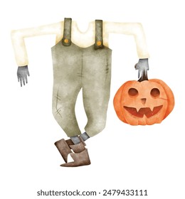 Halloween ghost carry pumpkin head. 
Water color hand drawing vector
