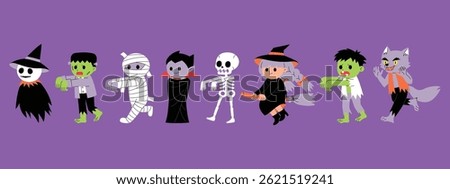 halloween ghost cartoon collection with grim, Frankenstein, Mummy, Vampire, Skeleton, Flying Witch, Zombie and Werewolf walking, monster character flat vector illustration