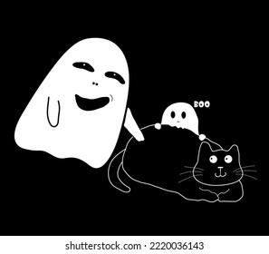 halloween ghost cartoon Cartoon image two cute little ghosts waking sleeping black cat Vector drawing idea for sticker idea  t  shirt  print  decoration   website 