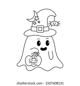 Halloween ghost cartoon isolated on white background. Cute ghost with halloween hat on head cartoon. Little ghost and jack o lantern colorless for coloring book.