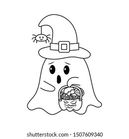 Halloween ghost cartoon isolated white background  Cute ghost and halloween hat head cartoon  Little ghost and halloween candy bucket colorless for coloring book 