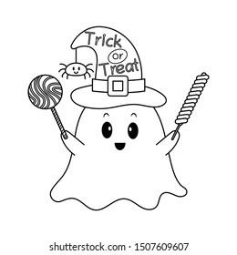 Halloween ghost cartoon isolated on white background. Cute ghost with halloween hat on head cartoon. Little ghost with halloween candies colorless for coloring book.