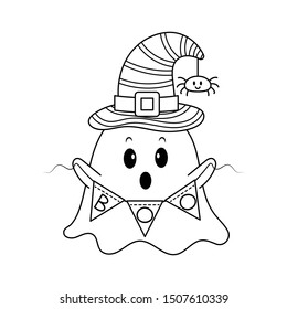 Halloween ghost cartoon isolated on white background. Cute ghost with halloween hat on head cartoon. Little ghost with boo garland flags colorless for coloring book.