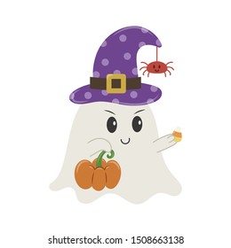 Halloween ghost cartoon isolated on white background. Cute ghost with halloween hat on head cartoon. Little ghost with pumpkin and candy corn.