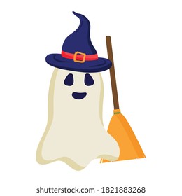 halloween ghost cartoon with witch hat and broom design, happy holiday and scary theme Vector illustration