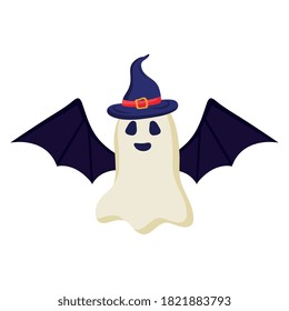 caricatura fantasma de halloween con diseño de sombrero de bruja y alas de murciélago, vacaciones felices y temática temible Ilustración vectorial