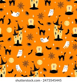 Halloween ghost castle seamless pattern. Vector cartoon ghost, gloomy dark castle, black cat, bat, full moon, tomb and spiderweb on orange background. Cute Halloween print for wrap, fabric, decor.