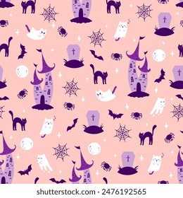 Halloween ghost castle seamless pattern. Vector cartoon ghost, gloomy dark castle, black cat, bat, full moon, tomb and spiderweb on pink background. Cute Halloween print for wrapping, fabric, decor.