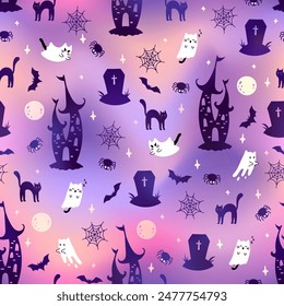 Halloween ghost castle seamless pattern. Vector cartoon ghost, gloomy dark castle, black cat, bat, full moon, tomb and spiderweb on pink gradient background. Cute Halloween print for wrapping, decor