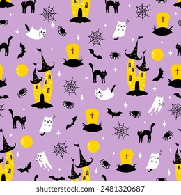 Halloween ghost castle seamless pattern. Vector cartoon ghost, gloomy dark castle, black cat, bat, full moon, tomb and spiderweb on purple background. Cute Halloween print for wrap, fabric, decor