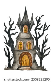 Halloween Ghost Castle watercolor illustration cut out from white background