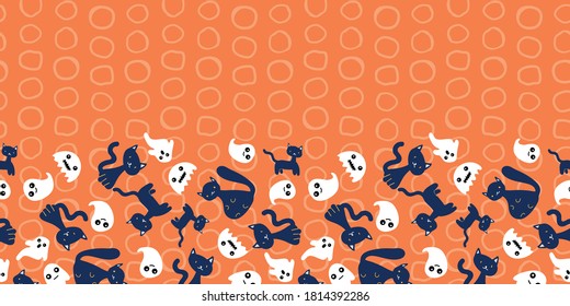 Halloween Ghost Cat Circle Autumn Spooky Frame Border Seamless Pattern. Vector illustration. Perfect for Halloween, party, autumn, harvest, fashion, decoration, textile design, background