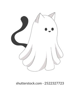 Halloween ghost cat cute doodle characters in costumes cute spooky decoration, line. Bat, stars, moon elements. Animal with black tail. 