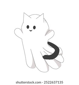 Halloween ghost cat cute doodle characters in costumes cute spooky decoration, line. Bat, stars, moon elements. Animal with black tail. 