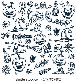 Halloween, ghost, cat, owl, skull, grave, hat, magic broom, bottle illustrations using a hand drawing style
continued with digital coloring