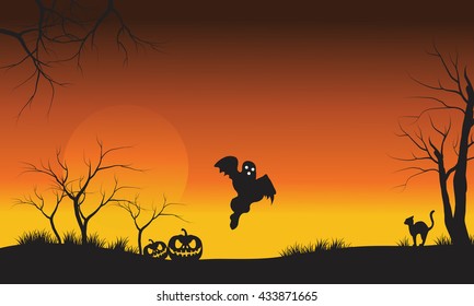 Halloween Ghost and cat scary with orange backgrounds