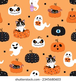 Halloween ghost, cat and spooky pumpkin seamless pattern and background. Holidays cartoon character. -vector