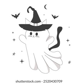 Halloween ghost cat with witch hat, cute doodle character in costume cute spooky decoration, line. Bat, stars, moon elements. Animal with black tail. 