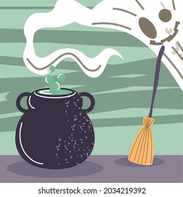 halloween ghost cauldron and broomstick