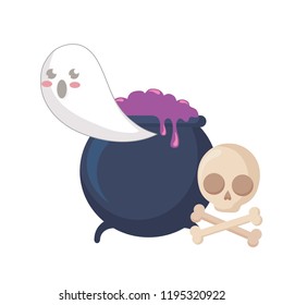 halloween ghost with cauldron and skull