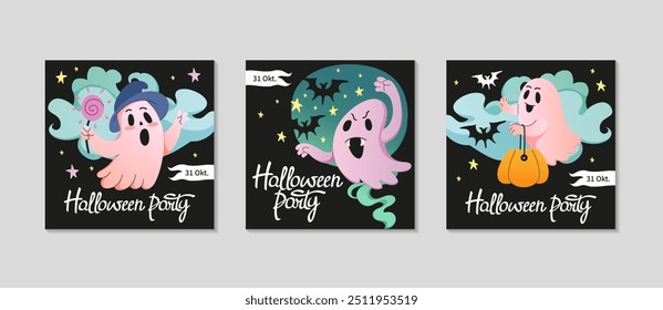 Halloween ghost celebration cards set. Greeting square post background for Social media. Trick or treat background. Halloween party lettering. Spooky elements, pumpkins. Vector flat illustration.