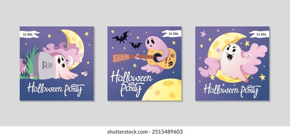 Conjunto de tarjetas de celebración de fantasmas de Halloween. Fondo del poste cuadrado de saludo para las redes sociales. Truco o trato de fondo. Letras de fiesta de Halloween. Elementos espeluznantes, calabazas. Ilustración plana de Vector.