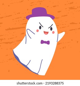 Halloween ghost character does boo. Funny spooky phantom, baby character boo. Adorable magic spirit for October holiday. Childish flat vector illustration