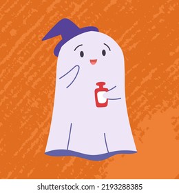 Halloween ghost character with potion in hand. Funny spooky phantom, baby character smiling. Adorable magic spirit for October holiday. Childish flat vector illustration