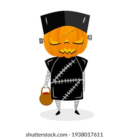 Halloween ghost character, pumpkin head ghost carrying a container filled with blood