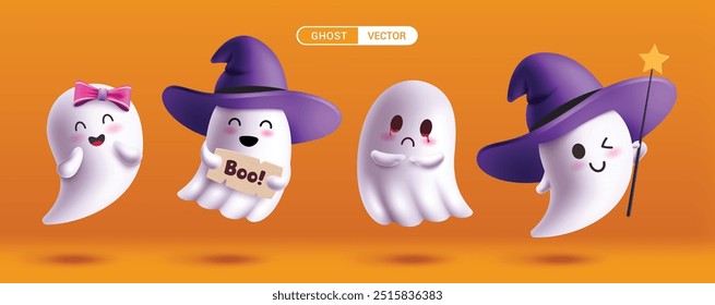 Halloween ghost character set vector design. Ghost character floating monster, magician, happy face and crying collection in orange isolated background. Vector illustration horror mascot design. 
