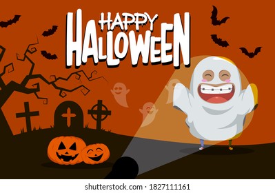 Halloween ghost character vector background design. Happy halloween text with cute ghost in horror cemetery silhouette background for trick or treat design. Vector illustration