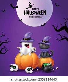 Halloween ghost character vector design. Happy halloween text with cute kitten character seating in pumpkin elements in full moon night background. Vector illustration trick or treat card.  
