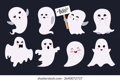 Halloween ghost characters clipart set. Halloween white shadow and spirit character clip art in cute scary, spooky, and skittish facial expression collection vector illustration.  
