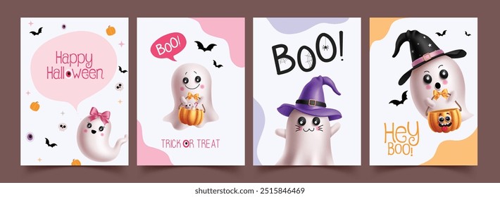 Halloween ghost characters vector poster set design. Trick or treat greeting card with cute ghost spirit character for horror party invitation template collection. Vector illustration halloween flyers