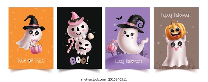 Halloween ghost characters vector poster set design. Trick or treat greeting text with ghost spirit cute character for party invitation card template collection. Vector illustration holiday flyers 