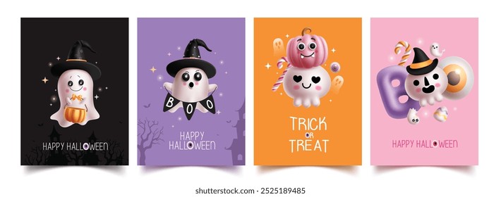 Halloween ghost characters vector poster set design. Happy halloween greeting card collection with cute ghost and pumpkins character for party flyers template. Vector illustration horror postcard set.