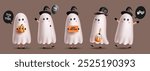 Halloween ghost characters vector set design. Halloween kids wearing ghost costume and witch hat for trick or treat horror party celebration. Vector illustration cute characters collection.  
