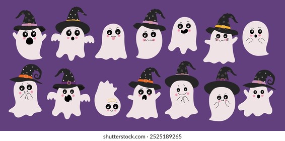 Halloween ghost characters vector set design. Ghost flat characters wearing white cloth and witch hat costume for horror mascot collection. Vector illustration funny cute ghost character. 
