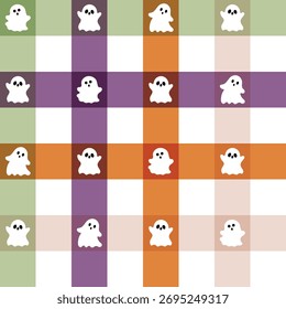 Halloween ghost and check pattern, seamless pattern, repeat pattern, orange, purple, olive green, cream
