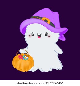 Halloween Ghost Clipart in Cute Cartoon Style Beautiful Clip Art Ghost with Pumpkin. Vector Illustration of a Halloween Monster for Prints for Clothes, Stickers, Textile, Baby Shower Invitation. 