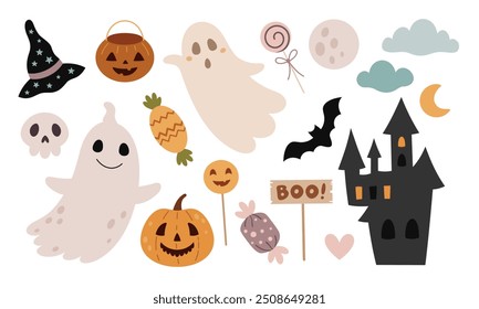 Clipart fantasma do Halloween. Clipart fantasma bonito. Crianças Halloween rabiscar. Temporada assustadora. Ilustração de vetor desenhada à mão.