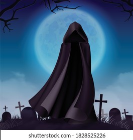 Halloween ghost cloak realistic composition with night sky moon and view of cemetery with dark gown vector illustration