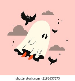 Halloween ghost in the clouds with a bat. Kawaii phantom in white clothes is flying. Kawaii monster mystical drawing concept. Flat vector illustration isolated with pumpkins and holiday elements.