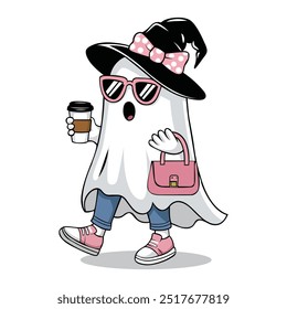 Halloween Ghost with Coffee Mug and Witch Hat