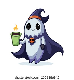 Halloween Ghost with Coffee Vector Illustration - Cartoon, Clipart, and Line Art Design