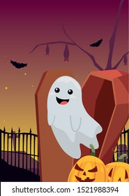 halloween ghost with coffin in cemetery scene vector illustration design