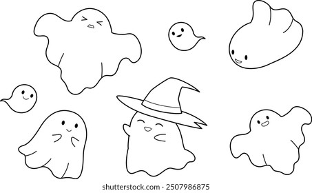 Colección fantasma de Halloween. Dibujo de líneas. Ilustración vectorial de fondo en blanco.