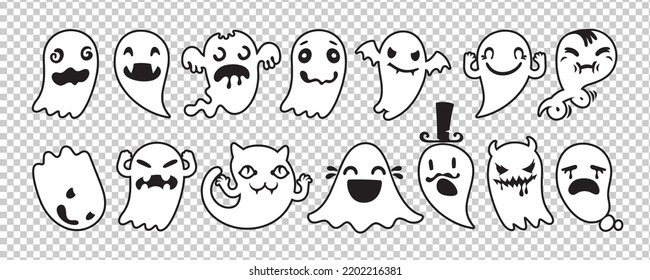 Halloween Ghost Collection Outline on Transparent Background. Spooky shapes makes it quick and easy to customize your fun and horror projects.