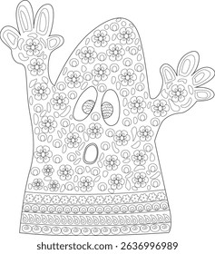 Halloween Ghost Coloring Page with Floral Pattern, Black and white line art illustration of a friendly Halloween ghost filled with detailed floral and geometric patterns, perfect for coloring book
