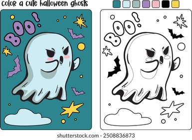 Halloween ghost coloring page for kids. Hand drawn autumn illustration with a funny phantom. Doodle spirit. Trick or treat. Spooky cute face ghost. Vector coloring page in cartoon style.